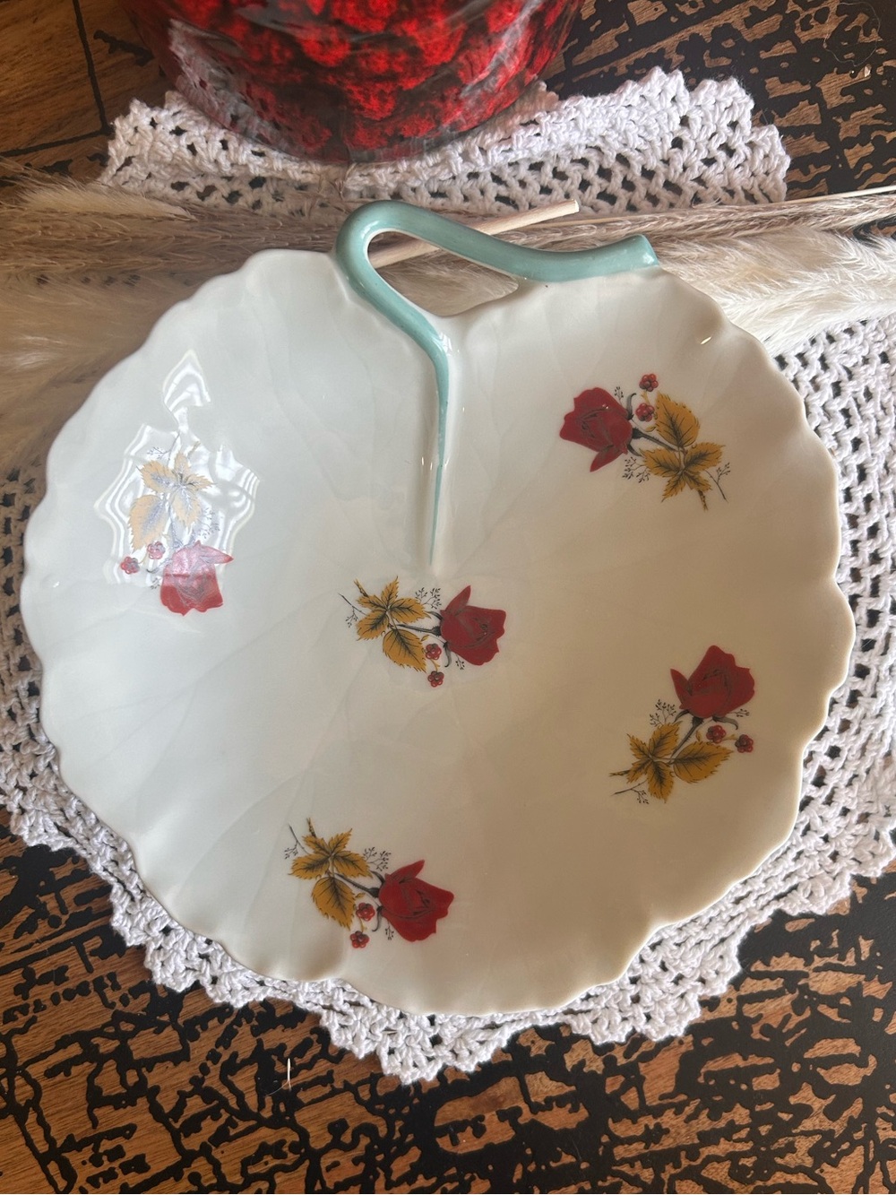 Vintage Limoges France Porcelain Leaf Dish | Red Rose Floral Serving Bowl